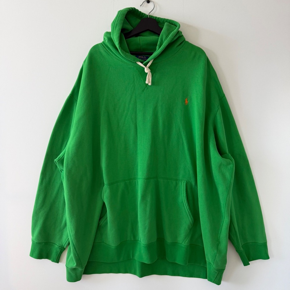 Polo Ralph Lauren Mens 6XB Green Fleece Hoodie Orange Pony Logo Pullover
